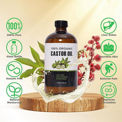 Organic Cold Pressed Unrefined Castor Oil (16oz/473ml), Castor Oil Pack Kit with Organic Cotton Wrap for Waist, Knees, Neck