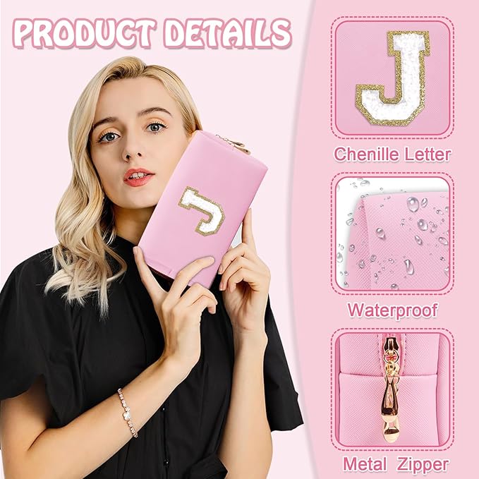 Personalized Preppy Small Travel Makeup Bag, Initial Chenille Letter Pink Makeup Bag Cosmetic Pouch Toiletry Organizer, PU Leather Waterproof Makeup Storage Cute Preppy Stuff for Female(Letter J)