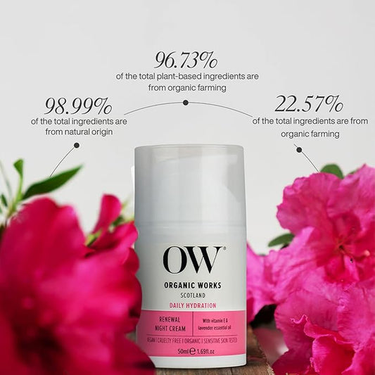 Organic Works Daily Hydration Renewal Night Cream - Nourishing Night Cream with Camellia Sinensis and Lavender - Suitable for All Skin Types - 1.69 oz