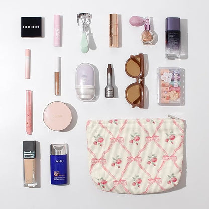 Cosmetic Bags for Women - Corduroy Cosmetic Bag Aesthetic Women Handbags Purses Smile Dots Makeup Organizer Storage Makeup Bag Girls Case Bags (Flowers-Beige strawberry)