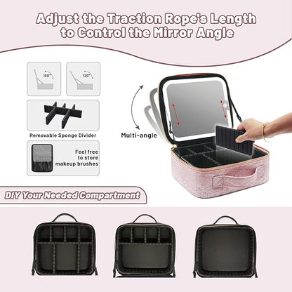 Portable Travel Cosmetic Bag with LED, 3-color Adjustable Cosmetic Organizer, Women's Cosmetic Case, Mirror Makeup Bag Case Rechargeable (Pink)