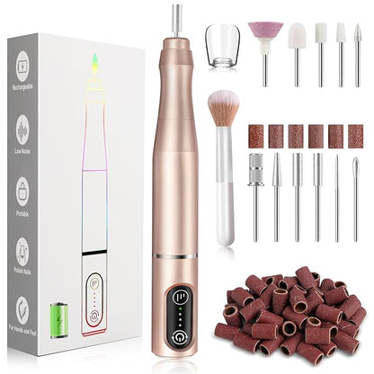 Cordless Nail Drill Electric Rechargeable File Kit, Professional Efile Acrylic Gel Nail Polish Remover Pedicure Manicure Machine Portable Set with 11 Bits 56 Sanding Bands for Salon Home (Gold)