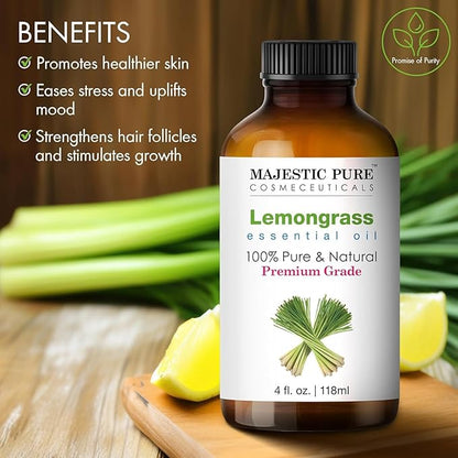 Majestic Pure Lemongrass Essential Oil with Glass Dropper - 4 Fl Oz Pack of 2-100% Pure and Natural Lemongrass Oil - Premium Grade Essential Oils for Diffuser, Aromatherapy, Soap and Candle Making