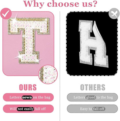 Personalized Initial Letter Makeup Bag, Small Preppy Glitter Letters Cosmetic Pouch PU Waterproof Zipper Travel Toiletry Bag, Unique Letters Patch Makeup Organizer Gift for Women Teen Girls(Letter T)