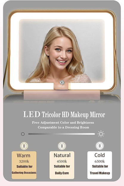 Makeup Bag with LED Mirror, Portable Makeup Artist Organizer Case with Lighted Mirror, Travel Makeup Bag for Women Cosmetic Brush Holder Storage, Pink Makeup Gift for Girls