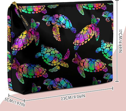 Cute Makeup Bag for Purse Waterproof Cosmetic Bags for Women Funny Smooth Zipper Travel Toiletry Pouch 10X8 Inches-Rainbow Turtle Makeup pouch