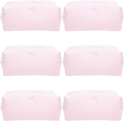 6PCS Cozy Makeup Bag SET Travel Cosmetic Bag for Women Soft Toiletry Bag Aesthetic Makeup Organizer Portable Large Zipper Pouch for Skincare Beauty Accessories Brushes Stripe Pink