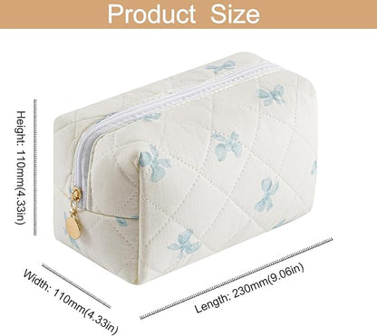 Makeup Bag Travel Cosmetic Bag for Women Girls, Zipper Make Up Pouch, Floral Flowers Toiletry Organizer Makeup, Portable Storage Cosmetic Travel Cloth Bag (Pink+Blue Bow Tie)