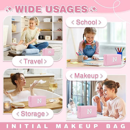 ChaoGreat Bride Gifts – Personalized Initial Makeup Bag with Pearl Rhinestone Patch, Preppy Pink Monogram Cosmetic/Toiletry Pouch, bridesmaid Gifts, Bridal Shower Gifts, Wedding Gifts, Bridal Gifts,N