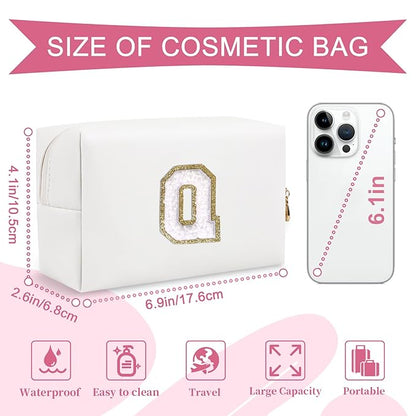 Small Personalized Initial A-Z Preppy Patch Makeup Bag,White PU Chenille Letter Travel Cosmetic Pouch with Zipper,Cute Toiletry Bag,Gift Ideal for Teen Girls Women Teacher Bridesmaid,Letter Q