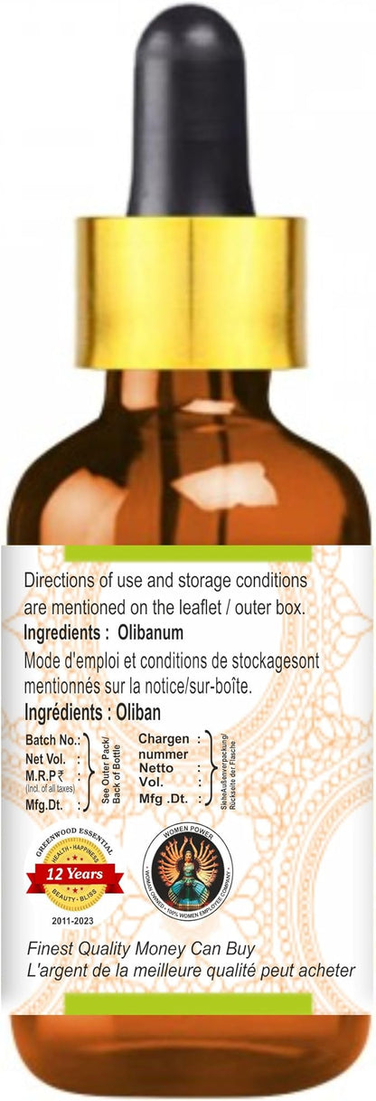 Greenwood Essential Olibanum Essential Oil (Boswellia carterii) with Glass Dropper | Pure | Non-Sticky | Non-Greasy | Lightweight | Men & Women | All Skin Types | Steam Distilled 15ml (0.50 oz)