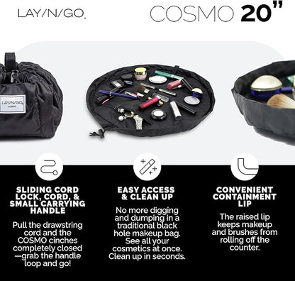Lay-n-Go Cosmo Layflat Drawstring Cosmetic & Makeup Bag Organizer w/Zipper Pocket, Brush Loops & More, Cinch to Close, Lay Flat to Use, Durable, Machine Wash, Travel Toiletry Bag (20", Navy/Green)