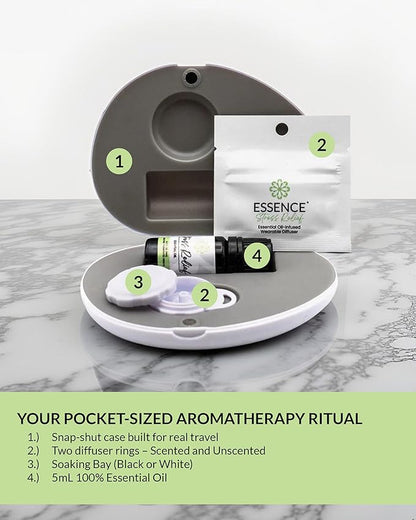 Essence Pearl Travel Case - Wearable Aromatherapy Kit with Nasal Diffuser Rings, Soaking Bay, and 5mL Essential Oil – Portable Wellness Gift Set for On‑The‑Go Self Care