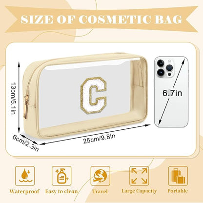 Personalized Initial Letter Clear Makeup Bag,Preppy Small Nylon&PVC Cosmetic Zipper Bag with Chenille Letter,Portable Beach Travel Skincare Toiletry Bag,Trendy Monogram Gift for Teen Girls Women,C