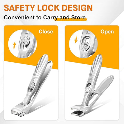 DRMODE Nail Clippers for Men Thick Nails, Angled Head Toe Nail Clippers for Thick Nails for Seniors, Wide Jaw Opening Toenail Clippers Heavy Duty Fingernail Clipper with Catcher Long Handle - Silver