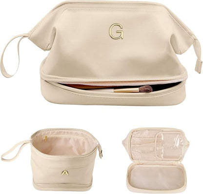 Gifts for Her - Initial Large Makeup Bags, Personalized Double Layer Cosmetic Bags with Makeup Brush Organizer, Waterproof PU Leather Travel Toiletry Bags for Wedding & Bridesmaid Gifts