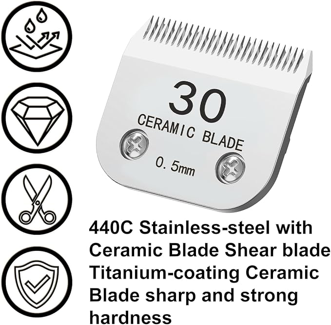 Docal 30# Silver Detachable Clipper Ceramic Blades, Dog Grooming Clipper Replacement Blades Compatible with Dog Clippers, KM Series Clippers, Most A5, Size 30, Cut Length 1/50"(0.5mm)
