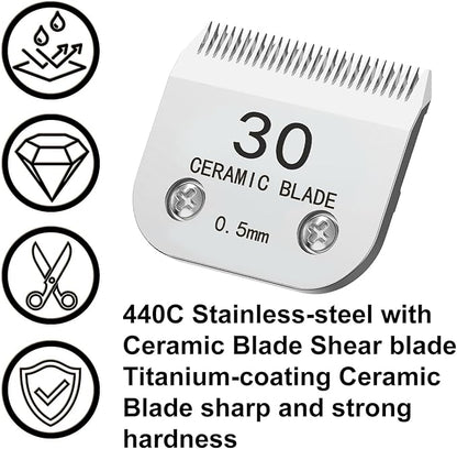 Docal 30# Silver Detachable Clipper Ceramic Blades, Dog Grooming Clipper Replacement Blades Compatible with Dog Clippers, KM Series Clippers, Most A5, Size 30, Cut Length 1/50"(0.5mm)