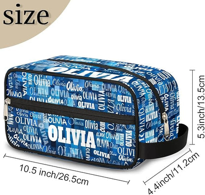 Custom Name Makeup Bag Travel Bag, Toiletry Bag Travel Large Capacity Cosmetic Container Organizer for Shampoo, Blue Geometric Pattern