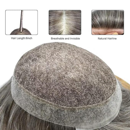 FACE MIRACLE Hair System for Men French Lace Mens Toupee Human Hair Replacement System Lace with PU Toupee for Men Male Hair Piece Wigs 6"X9" #365 Dark Brown with 65% Gray