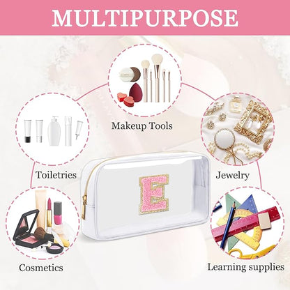 Small Clear Personalized Initial Makeup Bag,Nylon Preppy A-Z Chenille Letter Patch Cosmetic Pouch Beach Toiletry Bag,Waterproof Zipper Travel Purse Storage Bag Organizer for Women Girls(White-Pink E)