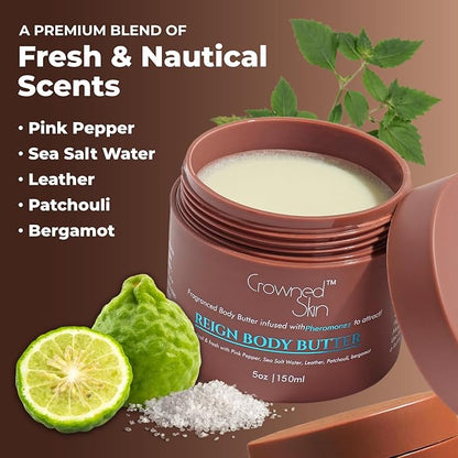 Crowned Skin Reign Cologned Body Butter | Fresh & Nautical Scent | Blended with Pink Pepper & Bergamot | Infused with Organic Shea & Mango Butters | Moisturizing Formula with All-Day Fragrance | 5oz