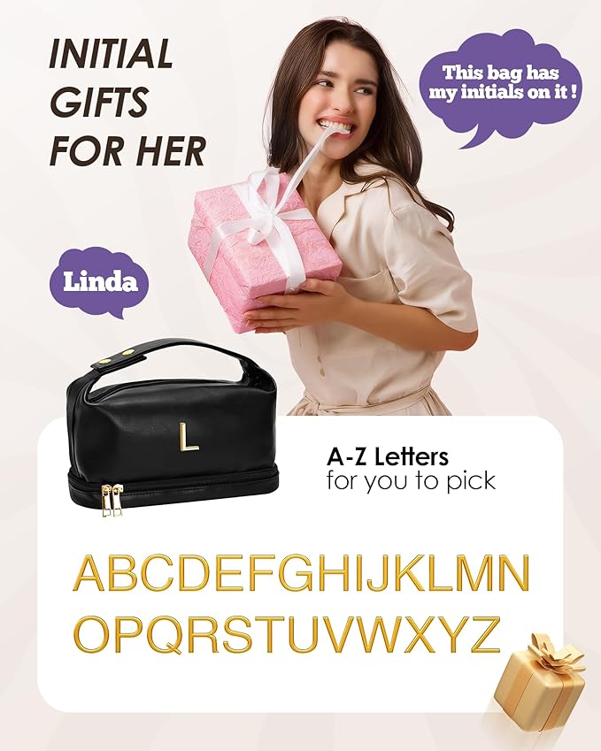 Girly Gifts, Makeup Bags Personalized Bags with Handle, Waterproof Double Layer Cosmetic Bag, Large Capacity PU Leather Makeup Bags Letter Travel Toiletry Bag with Makeup Brush Organizer
