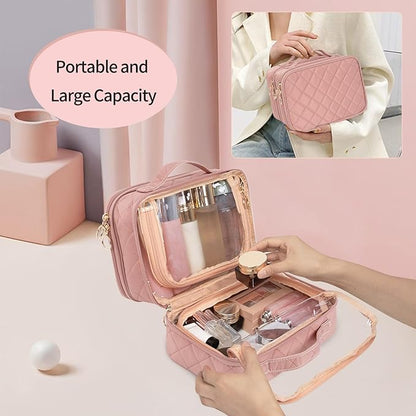 OCHEAL Clear Makeup Bag, Double Layer Cosmetic Bag, Large Capacity Minimalist Cosmetic Case for Women Travel Beauty Essentials, Multiple Compartments Makeup Case Organizer Zipper Pouch -Nude Pink