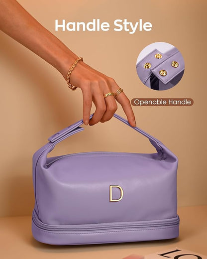 Personalized Gifts, Makeup Bags with Handle, Waterproof Double Layer Cosmetic Bag, Large Capacity PU Leather Makeup Bags Letter Travel Toiletry Bag, Birthday Gifts for Girls