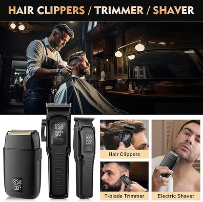 Professional Hair Clipper for Men, 3 in 1 Hair Clipper Beard Trimmer and Electric Foil Shaver Set with LED Display, Cordless Grooming Kit for Home, Travel, Barber, Ideal Gift for Him