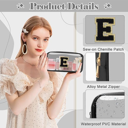 Personalized Initial Letter Clear Makeup Bag,Preppy Small Nylon&PVC Cosmetic Zipper Bag with Chenille Letter,Travel Skincare Toiletry Bag,Monogram Christmas Gift for Teen Girls Women,E