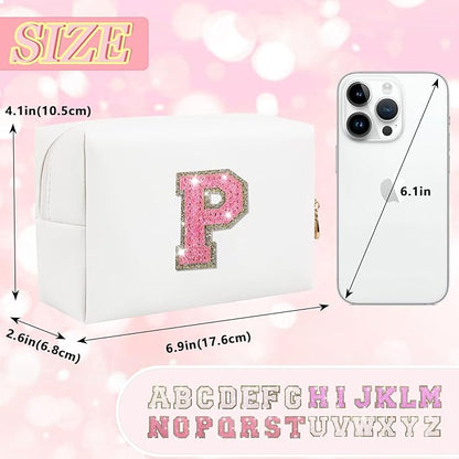 Personalized Initial Letter Makeup Bag, Small Preppy Glitter Letter Cosmetic Pouch PU Waterproof Zipper Travel Toiletry Bag, Unique Letter Patch Makeup Organizer Gift for Women Teen Girls(Letter P)