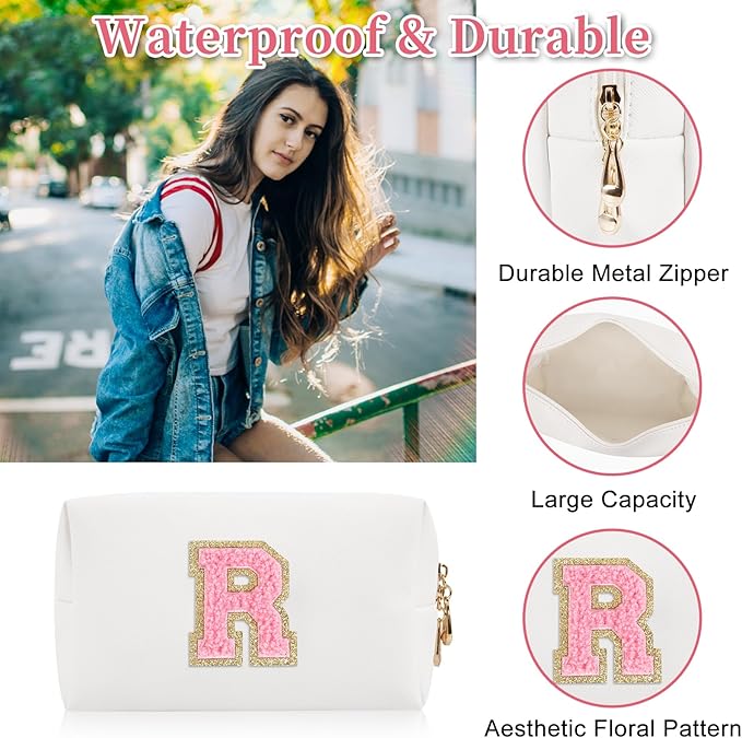 Iqimott Personalized Initial Letter Patch Makeup Bag, Preppy Portable Chenille Letter Cosmetic Bag with Zipper, PU Leather Waterproof Travel Toiletry Bag Monogram Make Up Pouch Girls(Letter R)