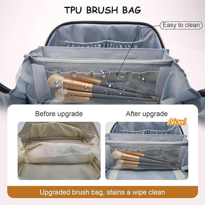 BOYATU Travel Makeup Bag for Women: Large Capacity Open Flat Make up Bag Set of 3 - Vegan Leather Cosmetic Bag with Compartments - Waterproof Toiletry Bag with Handle & Divider(I-4-Gold)