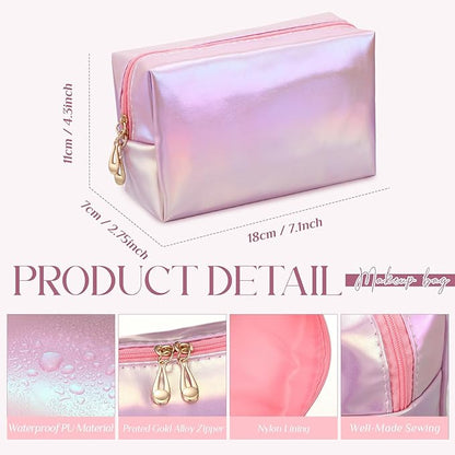 Sanwuta 9 Pcs Makeup Bags Bulk PU Double Zippers Cosmetic Bag Makeup Toiletry Christmas Small Pouch Portable Travel Organizers Case for Women Bridesmaid Party End of The Year(Laser Pink)