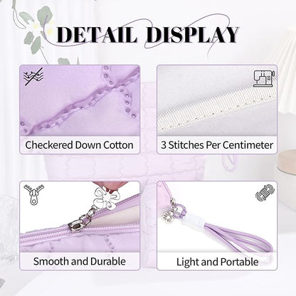 Richeart Makeup Bag Travel Toiletry Bag - Checkered Down Cotton Makeup Pouch for Women with Cosmetic and Pencil, Aesthetic Purple Design, Small