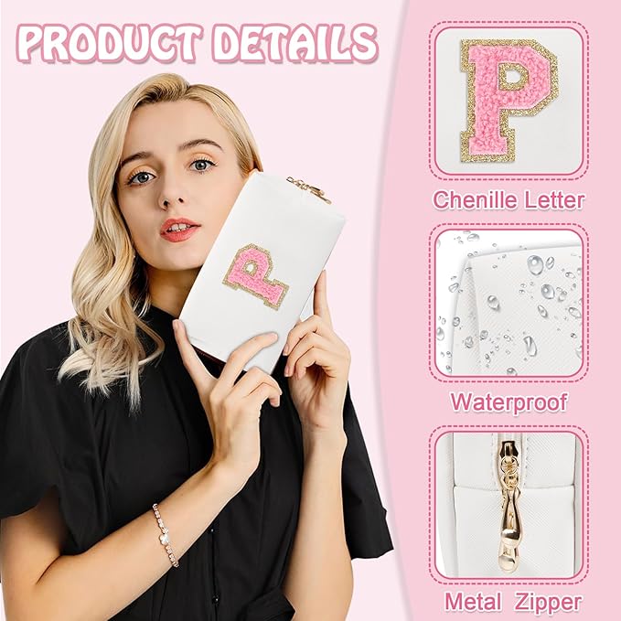 Personalized Initial Preppy Makeup Bag Organizer, White Small Travel Cosmetic Bag Monogram Toiletry Zipper Pouch for Women, PU Leather Waterproof Makeup Case Proposal Gift for Brides Female(Letter P)