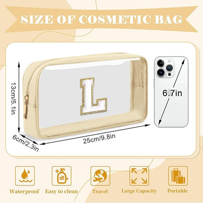 Personalized Initial Letter Clear Makeup Bag,Preppy Small Nylon&PVC Cosmetic Zipper Bag with Chenille Letter,Portable Beach Travel Skincare Toiletry Bag,Trendy Monogram Gift for Teen Girls Women,L