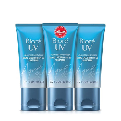 Biore UV Aqua Rich Daily Hydrating Facial Moisturizer with SPF 50 | Oil Free Sunscreen for Sensitive Skin with Hyaluronic Acid, Non-Comedogenic, Dermatologist Tested, 1.7 Oz/3 Pack