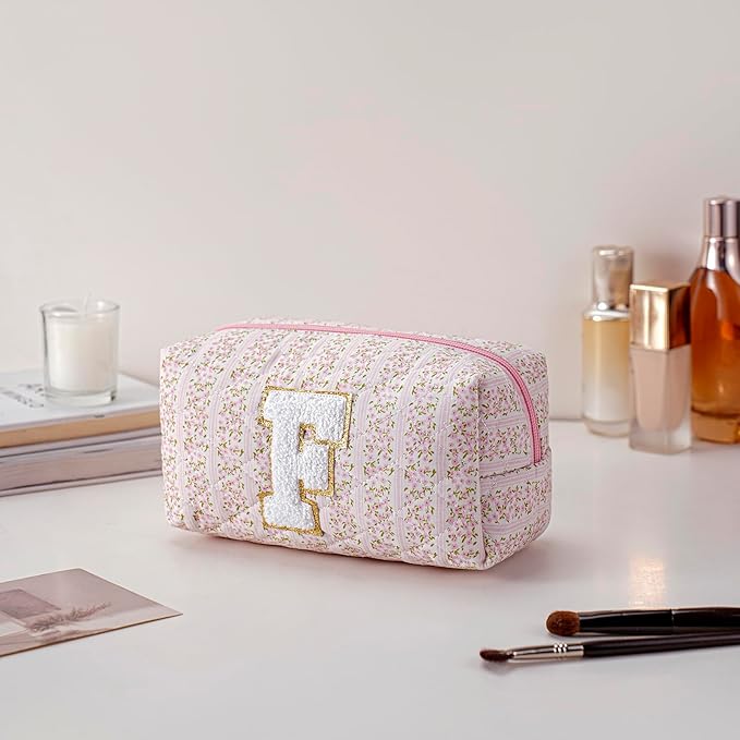 JOVAKIT Alphabet Makeup Bag Cosmetic Bag for Women, Christmas Gifts for Girls Age 6-18, Floral Flowers Coquette Travel Toiletry Zipper Make Up Pouch Organizer Trendy Stuff (Pink Floral F)