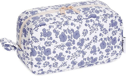 Narwey Cute Makeup Bag Small Toiletry Bag Travel Cosmetic Bag Organizer Make Up Bags with Organized Pockets for Women (Little Grayish Blue Flower, Large)