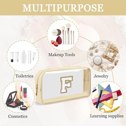 Small Clear Personalized Initial Makeup Bag,Nylon Preppy A-Z Chenille Letter Patch Cosmetic Pouch Beach Toiletry Bag,Waterproof Zipper Travel Purse Storage Bag Organizer for Women Girls(Beige-White F)