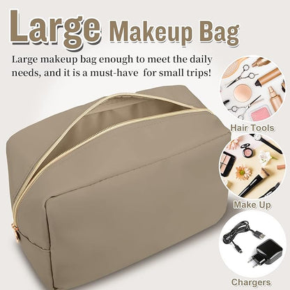 Nylon Large Makeup Bag Travel Pouch for Women, Preppy Big Makeup Bag Cute Cosmetic Zipper Pouch Purse, DIY Chenille Letter Bag Waterproof Toiletry Bag Clutch Make Up Organizer for Women Girls(Khaki)