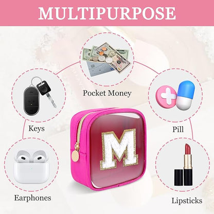 Mini Clear Personalized Initial Makeup Bag,Nylon Preppy A-Z Chenille Letter Patch Zipper Cosmetic Bag, Small Cute Beach Pouch Travel Purse Sanitary Napkin Storage Bag for Women Girls(Hot Pink-White M)