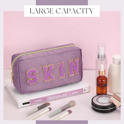 Cunno 4 Pcs Preppy Makeup Bags Chenille Letter Stuff Bag Nylon Cosmetic Pouch Cases with Zipper for Women Travel Toiletry
