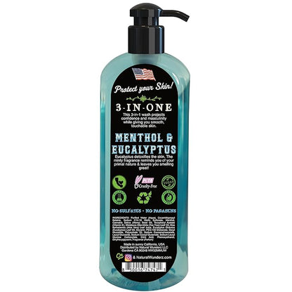 Mens Body Wash with Menthol & Eucalyptus, 32 Fl Oz, All Natural 3-In-1 Body Scrub and Liquid Soap for Gentle Cleansing, Vegan Friendly, Sulfate Free, and Cruelty Free