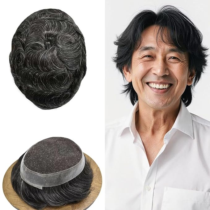 FACE MIRACLE Mens Toupee Lace Front Hairpieces Soft Human Hair Replacement System Toupee for Men French Lace Poly V-Looped Mens hair Units 6"X8" #1B10 1B# OFF BLACK WITH 10% SYNTHETIC GREY