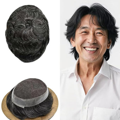 FACE MIRACLE Toupee for Men French Lace Hairpiece Human Hair Replacement System Skin PU Mens Toupee V-Looped Front Hair Piece 6"X8" #1B10 1B# OFF BLACK WITH 10% SYNTHETIC GREY-80% Light Density