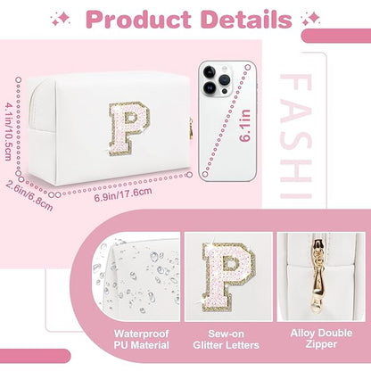 Small Initial Patch Makeup Bag Personalized Gifts Make Up Bag,White Cute PU Leather Glitter Letter Cosmetic Bag with Zipper,Trendy Portable Travel Toiletry Pouch,Preppy Stuff for Teen Girls Women P