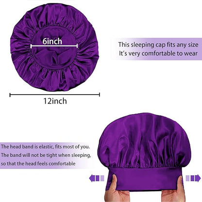 4Pcs Silk Satin Bonnets for Sleeping - Elastic Wide Band Wrap for Black Women Men,Silk Bonnets for Curly Hair,Large Hair Cap for Sleeping (Black+Wine Red+Purple+Brown)